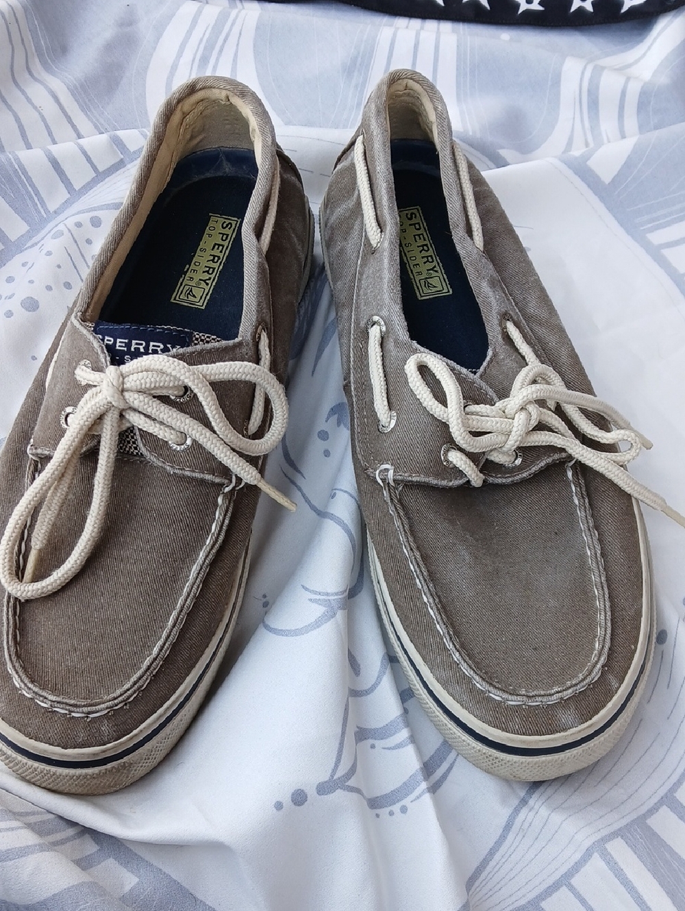 Sperry Men’s Taupe Canvas Boat Shoes with Cream Laces